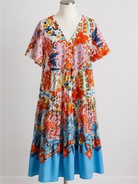 Adrift‎ Floral Tiered Babydoll Dress Boho Flowy Flutter Sleeves Womens Small